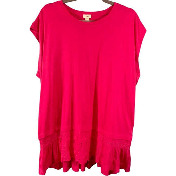 Anthropologie Tiny Ruffled Tank Top Tunic Tee Eyelet Lace Trim Pink Rose Size XL - Picture 2 of 8